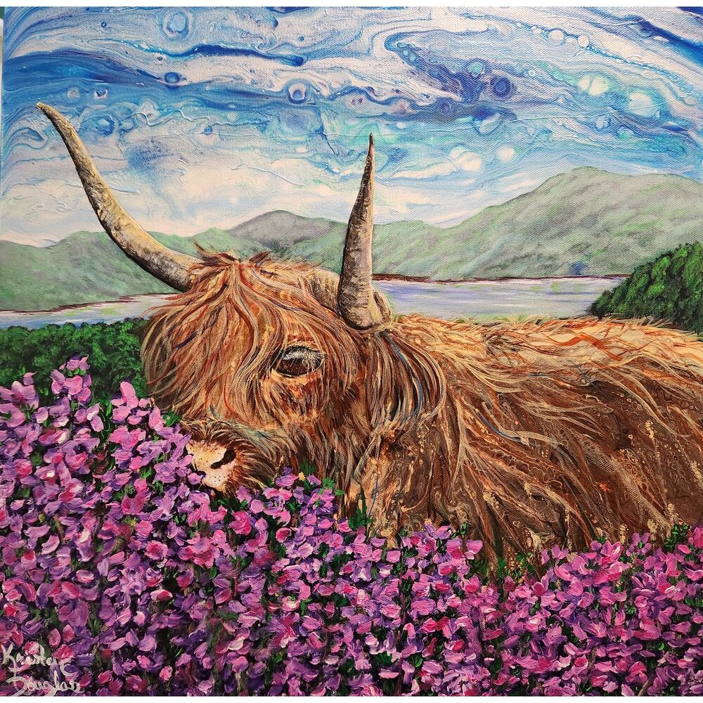 Art Print from my Original Work 12" x 12" "Highland Cow in Heather" Acid Free